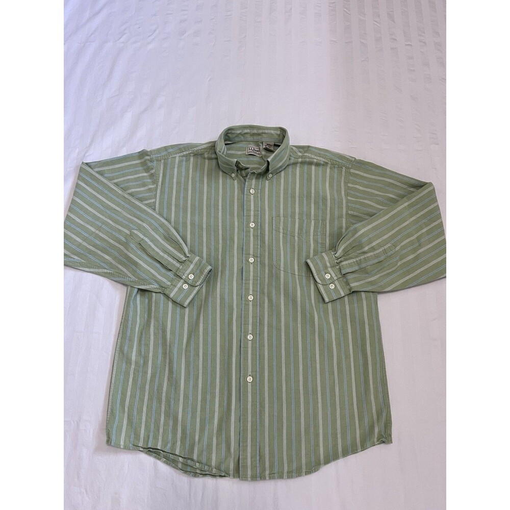 L.L. Bean Green White Striped Button Down Shirts Men's Medium Reg Vintage 90